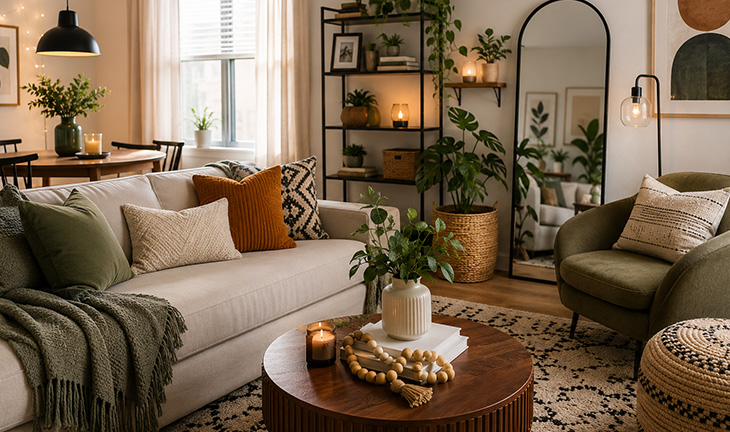 Modern apartment featuring warm colors, layered textures, natural décor, and stylish renter-friendly decorating trends.