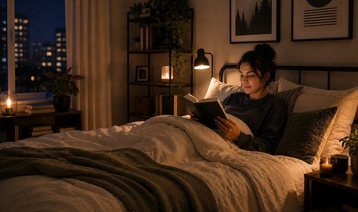 Calm apartment bedroom with soft lighting, layered bedding, natural décor, and cozy textures designed to create a peaceful home.