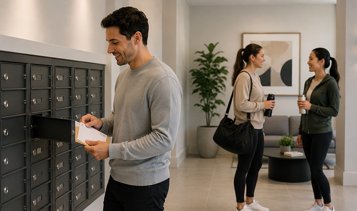 Resident checking a mailbox in an apartment lobby while two residents chat in the background after a workout.