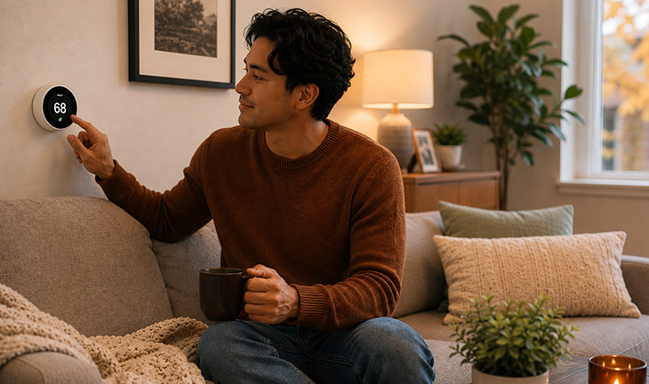Resident enjoying a cozy apartment filled with natural sunlight, warm blankets, and energy-efficient lighting during the fall season.