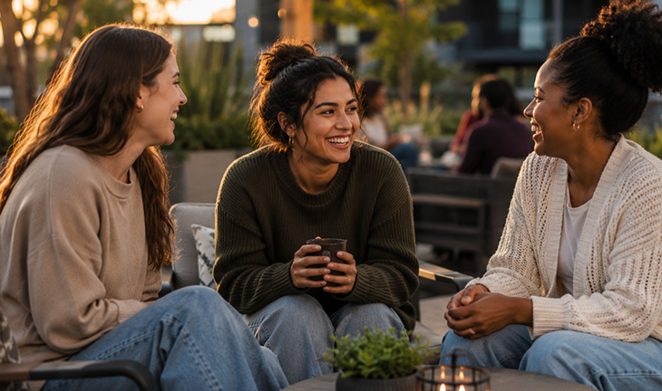 Neighbors connecting in a welcoming apartment community courtyard with shared outdoor seating.