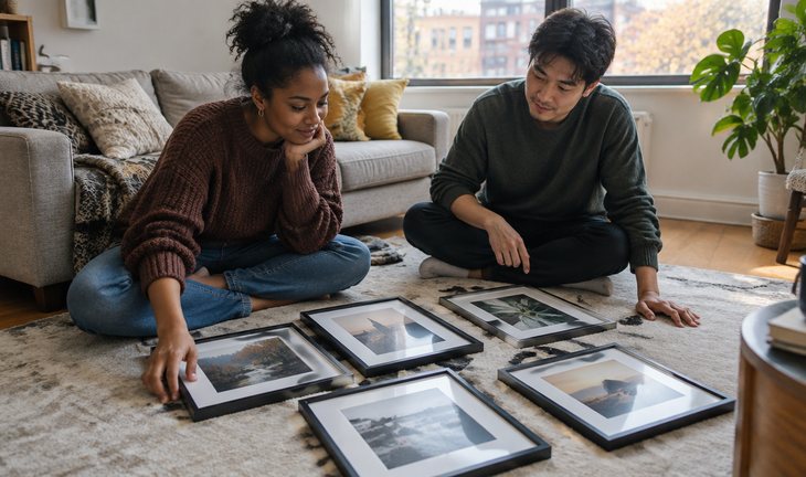 Two residents sitting on the floor of an apartment living room, arranging framed prints on a rug to plan a new wall layout.