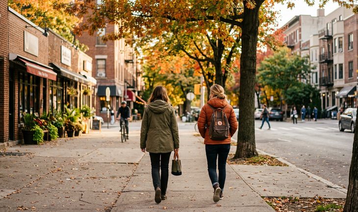 Two residents walking along a tree-lined sidewalk in a residential neighborhood, seen from behind, with storefronts and apartment buildings ahead of them in the afternoon light.