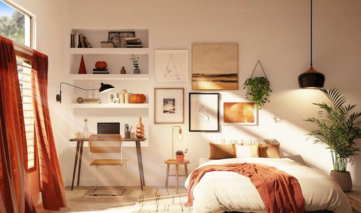 Modern apartment bedroom with space-saving furniture and a built-in workspace