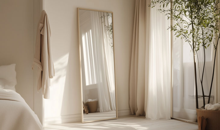 Minimalist apartment bedroom with renter-friendly wall décor and a floor mirror